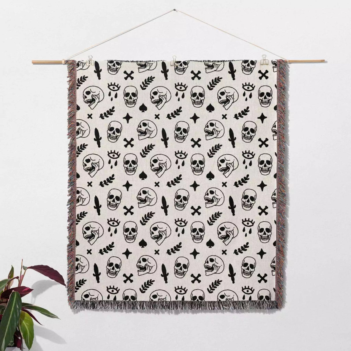Whimsy Skulls Black and White Woven Throw Blanket and Tapestry - DesignerOllie.com