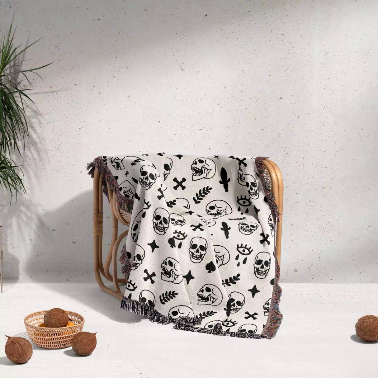 Whimsy Skulls Black and White Woven Throw Blanket and Tapestry - DesignerOllie.com