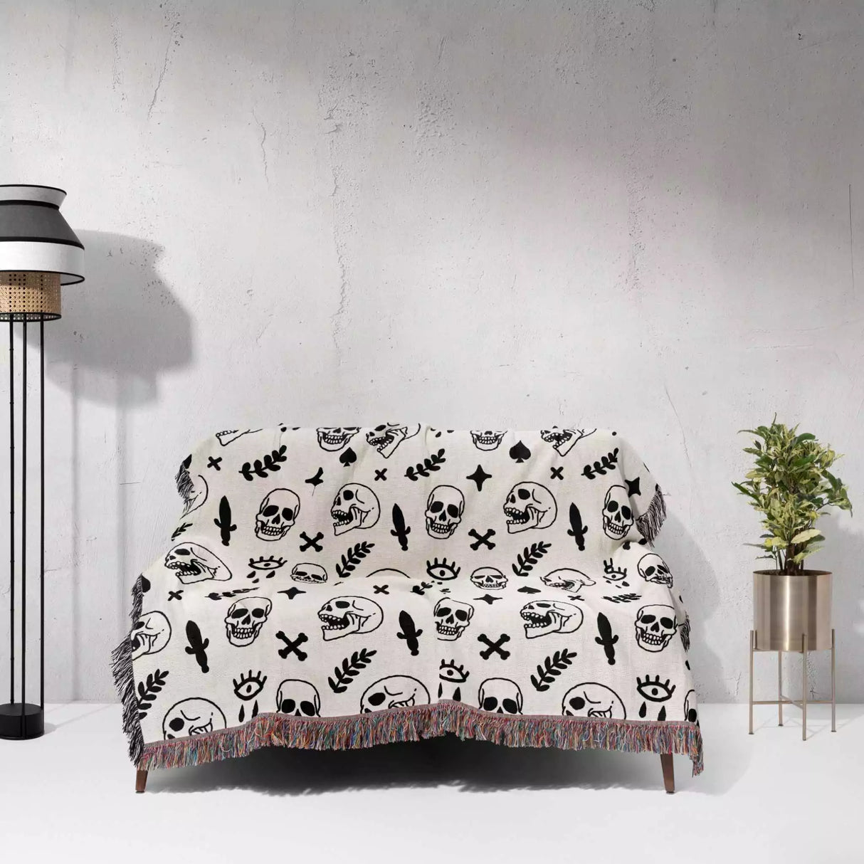 Whimsy Skulls Black and White Woven Throw Blanket and Tapestry - DesignerOllie.com
