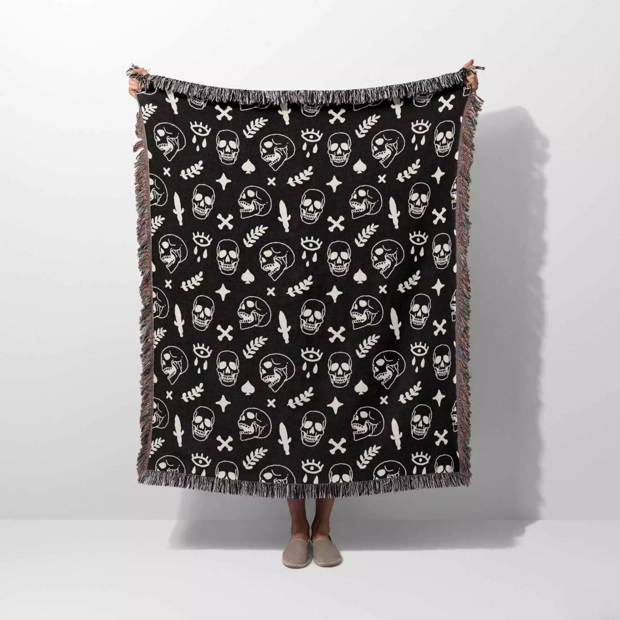 Whimsy Skulls Monochrome Woven Throw Blanket and Tapestry - DesignerOllie.com