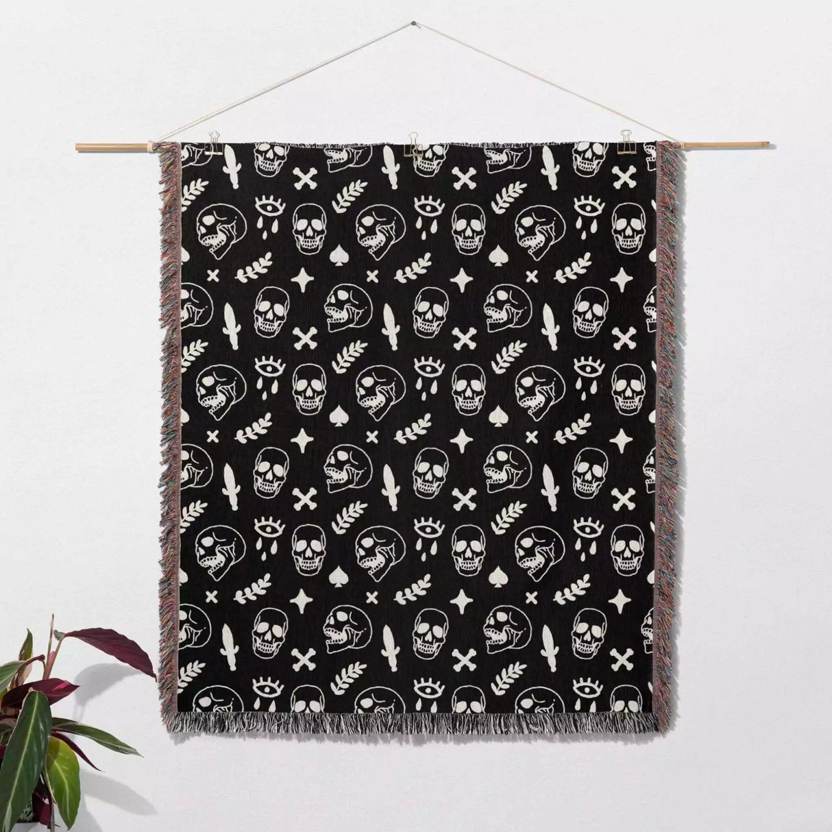 Whimsy Skulls Monochrome Woven Throw Blanket and Tapestry - DesignerOllie.com