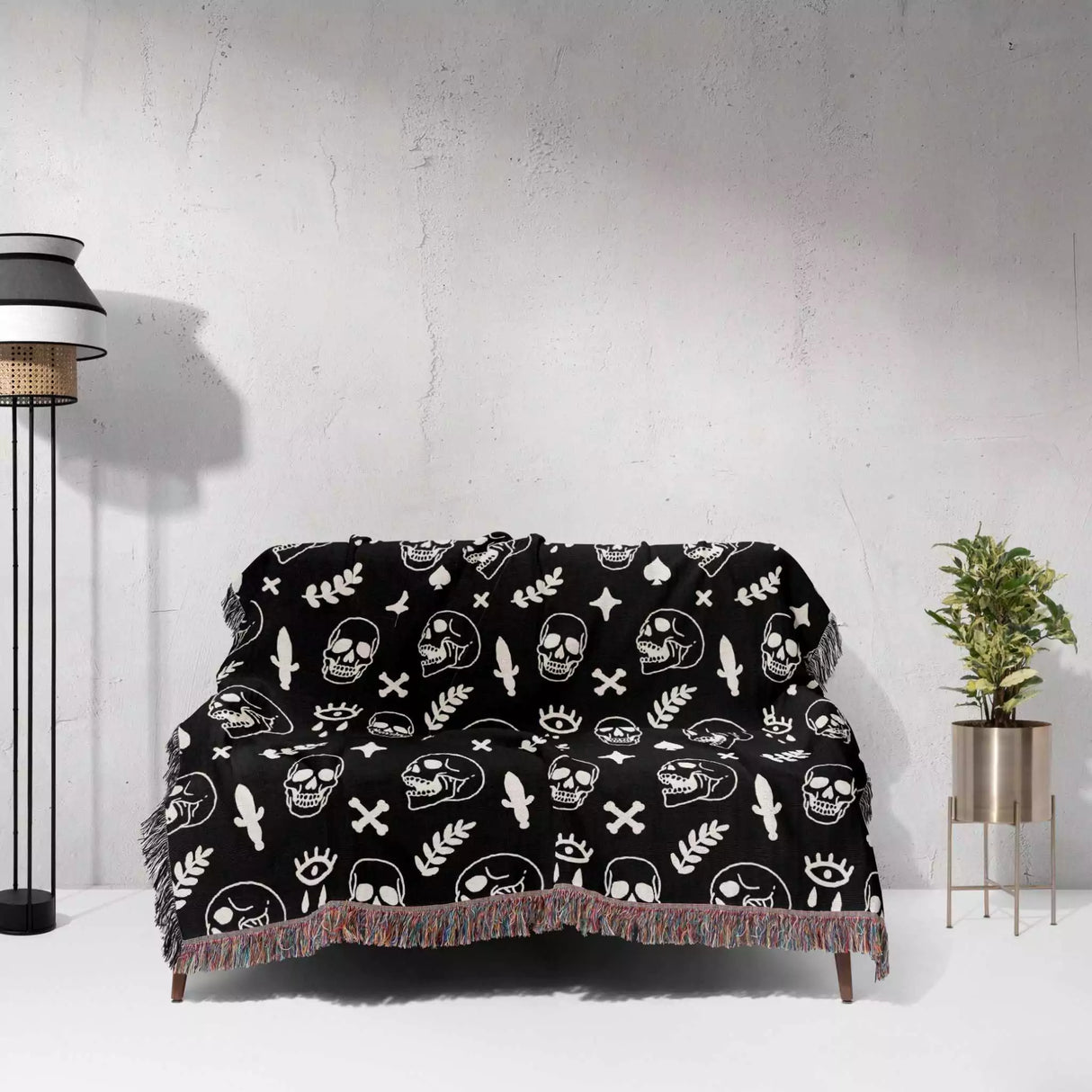 Whimsy Skulls Monochrome Woven Throw Blanket and Tapestry - DesignerOllie.com