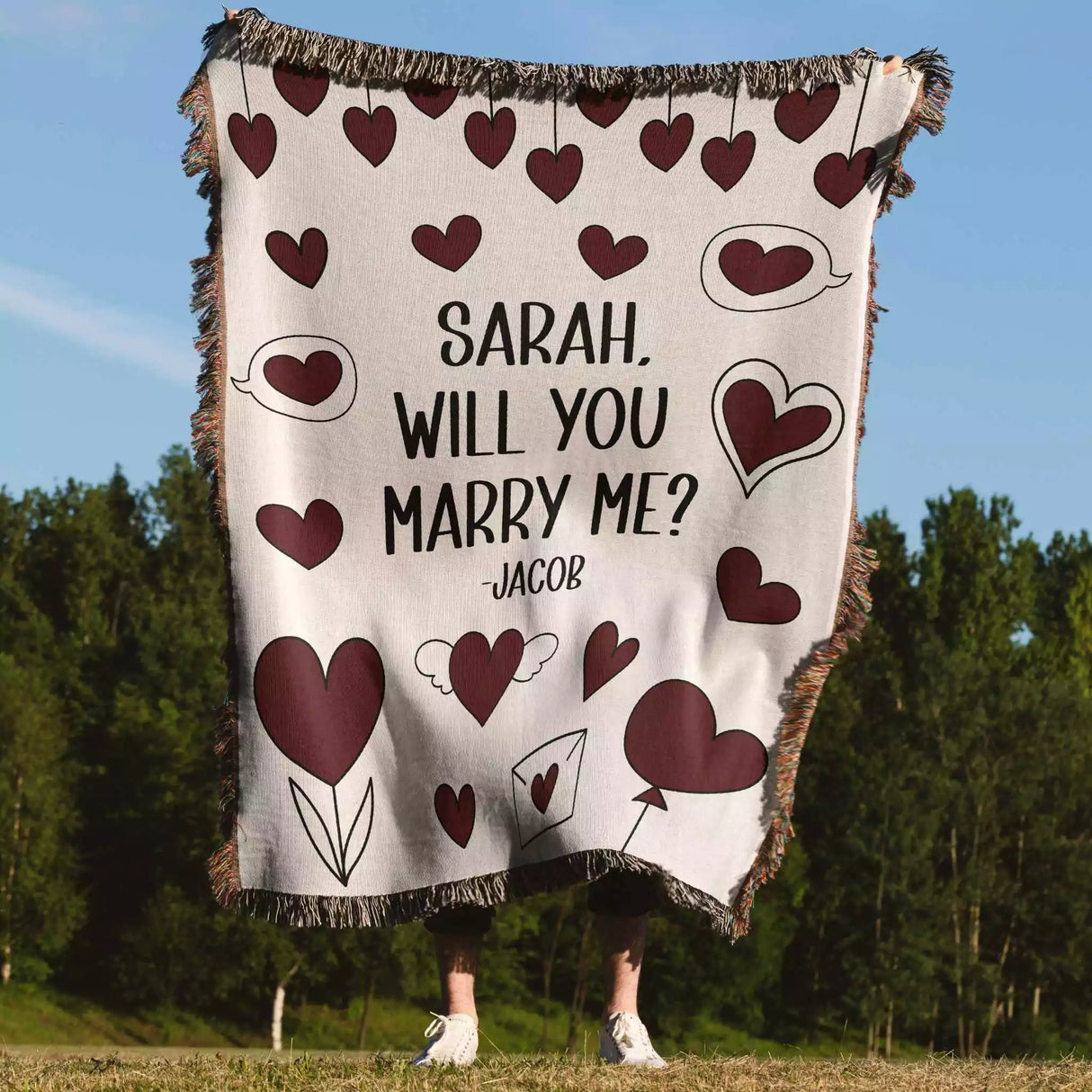 Will You Marry Me Proposal Blanket with Hanging Hearts - DesignerOllie.com