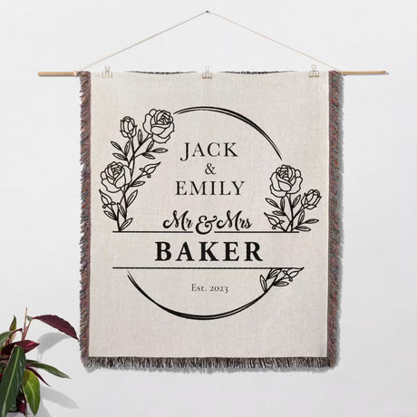 2 Year anniversary gift for wife and husband woven throw blanket wall hanging with 'Jack & Emily Mr & Mrs Baker' text on a white background