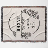 2 Year anniversary gift for wife and husband woven throw blanket with floral design and text 'Jack & Emily Baker' full view on a white background