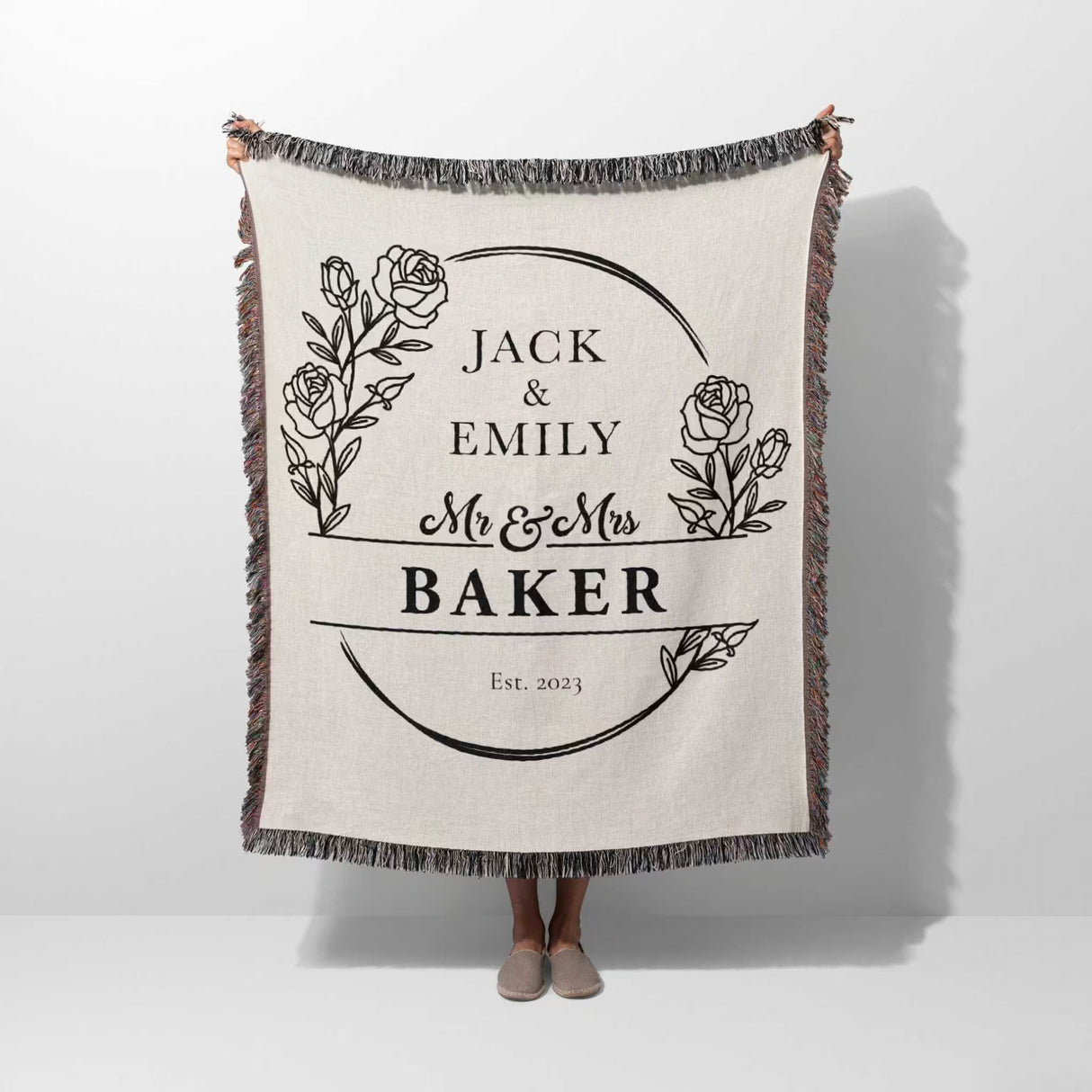 2 Year anniversary gift for wife and husband woven throw blanket  with personalized design of 'Jack & Emily Mr & Mrs Baker' on a white background
