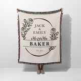 2 Year anniversary gift for wife and husband woven throw blanket  with personalized design of 'Jack & Emily Mr & Mrs Baker' on a white background