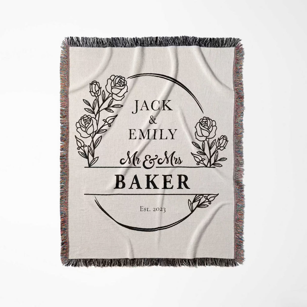 2 Year anniversary gift for wife and husband woven throw blanket with floral design and text flat lay on a white background