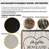 Text and close-up images of woven yarns with a 2nd year anniversary gift Mr and Mrs woven throw blanket featuring 'Mr & Mrs Rowland'.