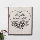 2nd year anniversary gift Mr and Mrs woven throw blanket wall hanging with 'Mr & Mrs Rowland' design on a white background