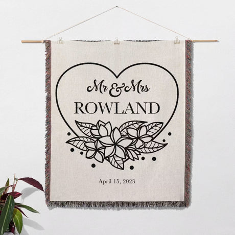 2nd year anniversary gift Mr and Mrs woven throw blanket wall hanging with 'Mr & Mrs Rowland' design on a white background
