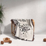 2nd year anniversary gift Mr and Mrs woven throw blanket with decorative text and patterns draped over a chair against a light background