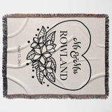 2nd year anniversary gift Mr and Mrs woven throw blanket with floral design and text 'Mr & Mrs Rowland' on a heart shape, dated April 15, 2023.
