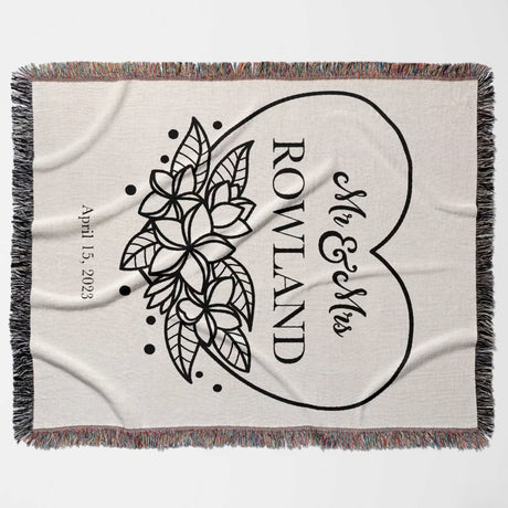 2nd year anniversary gift Mr and Mrs woven throw blanket with floral design and text 'Mr & Mrs Rowland' on a heart shape, dated April 15, 2023.