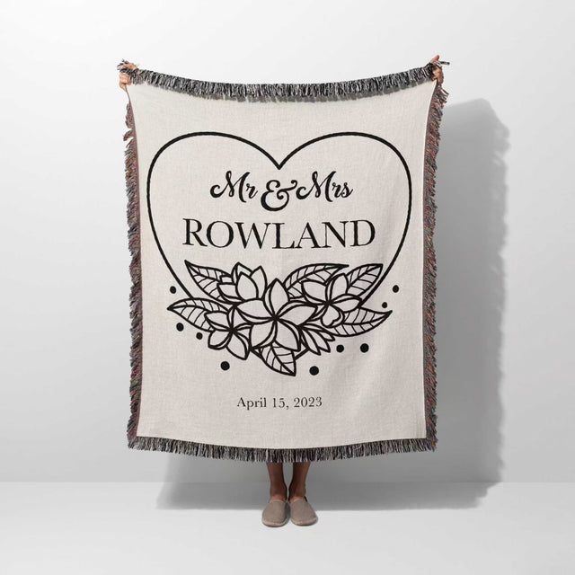 2nd year anniversary gift Mr and Mrs woven throw blanket with 'Mr & Mrs Rowland' design held by a person on a white background