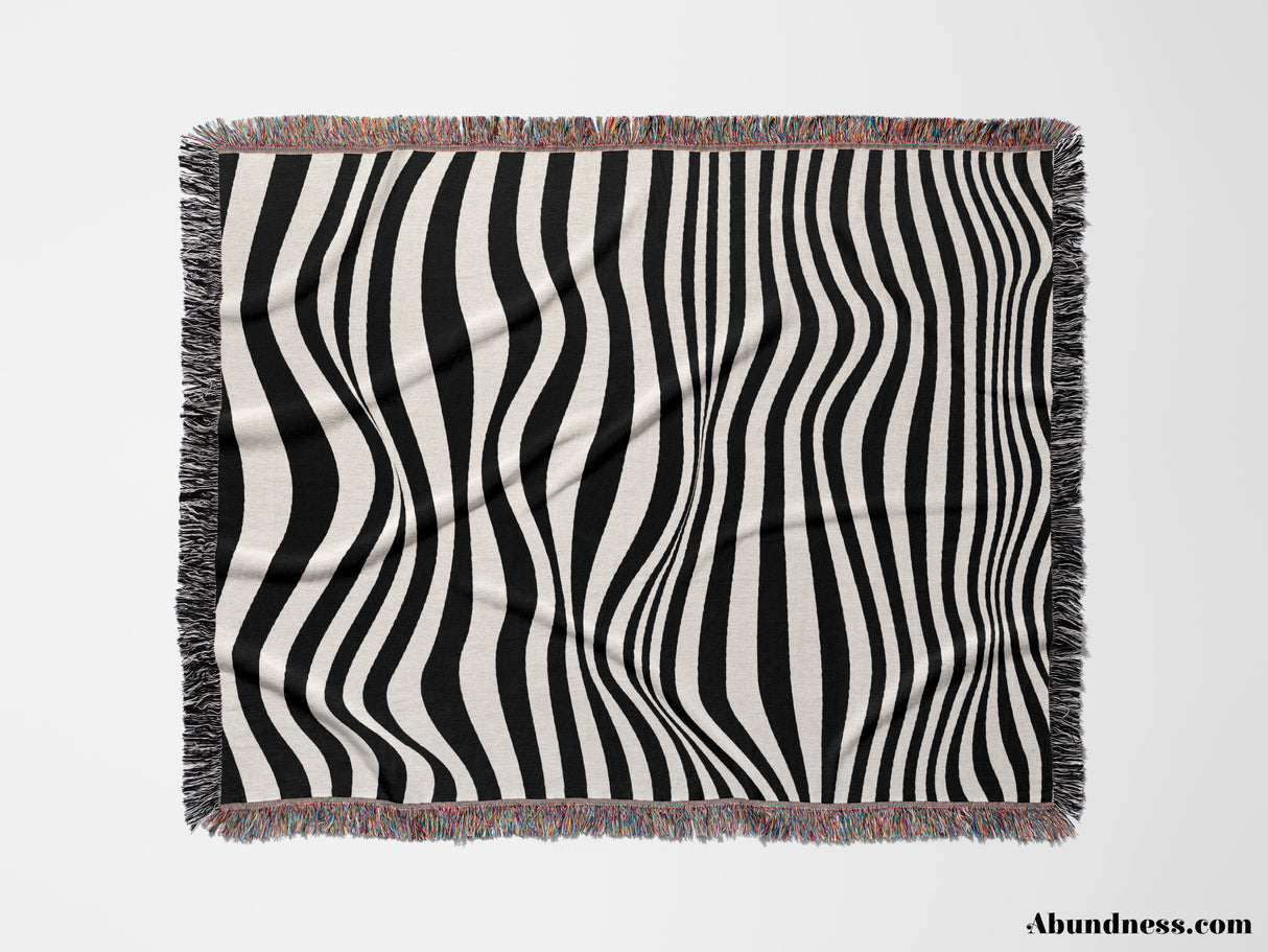 Abstract Art Waves Black and White Monochrome Woven Throw Blanket and Tapestry