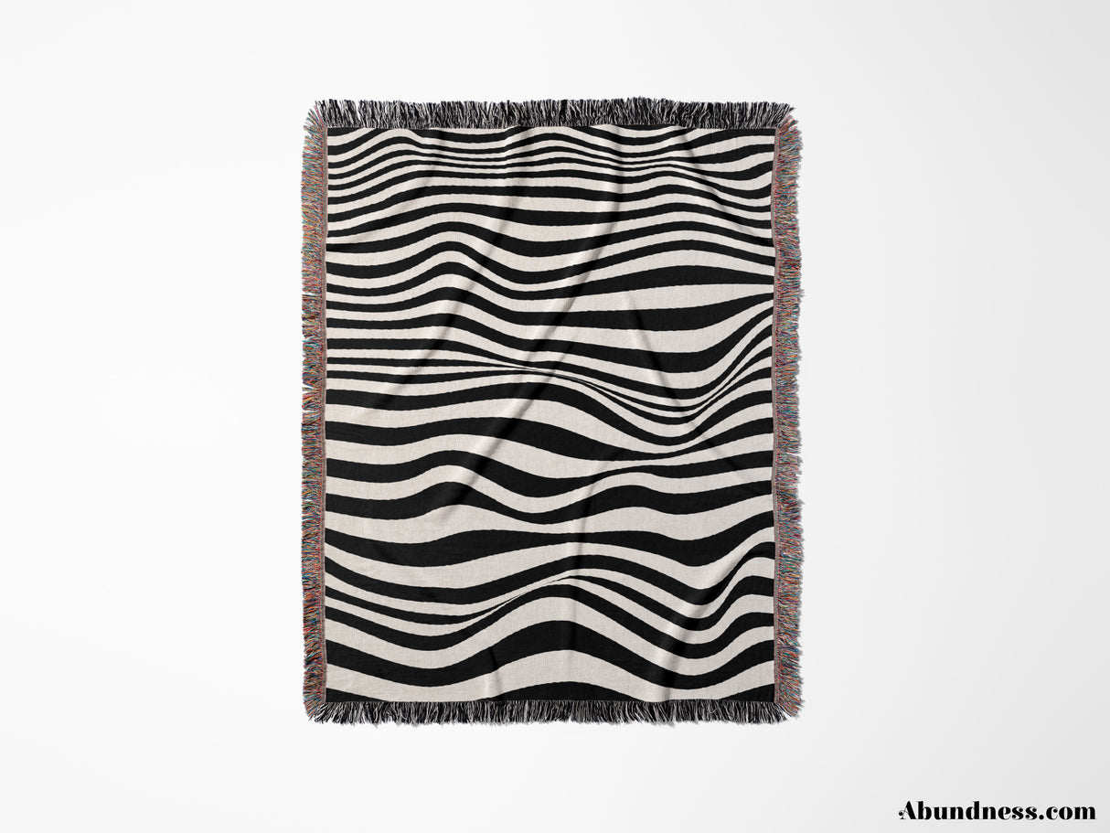 Abstract Art Waves Black and White Monochrome Woven Throw Blanket and Tapestry