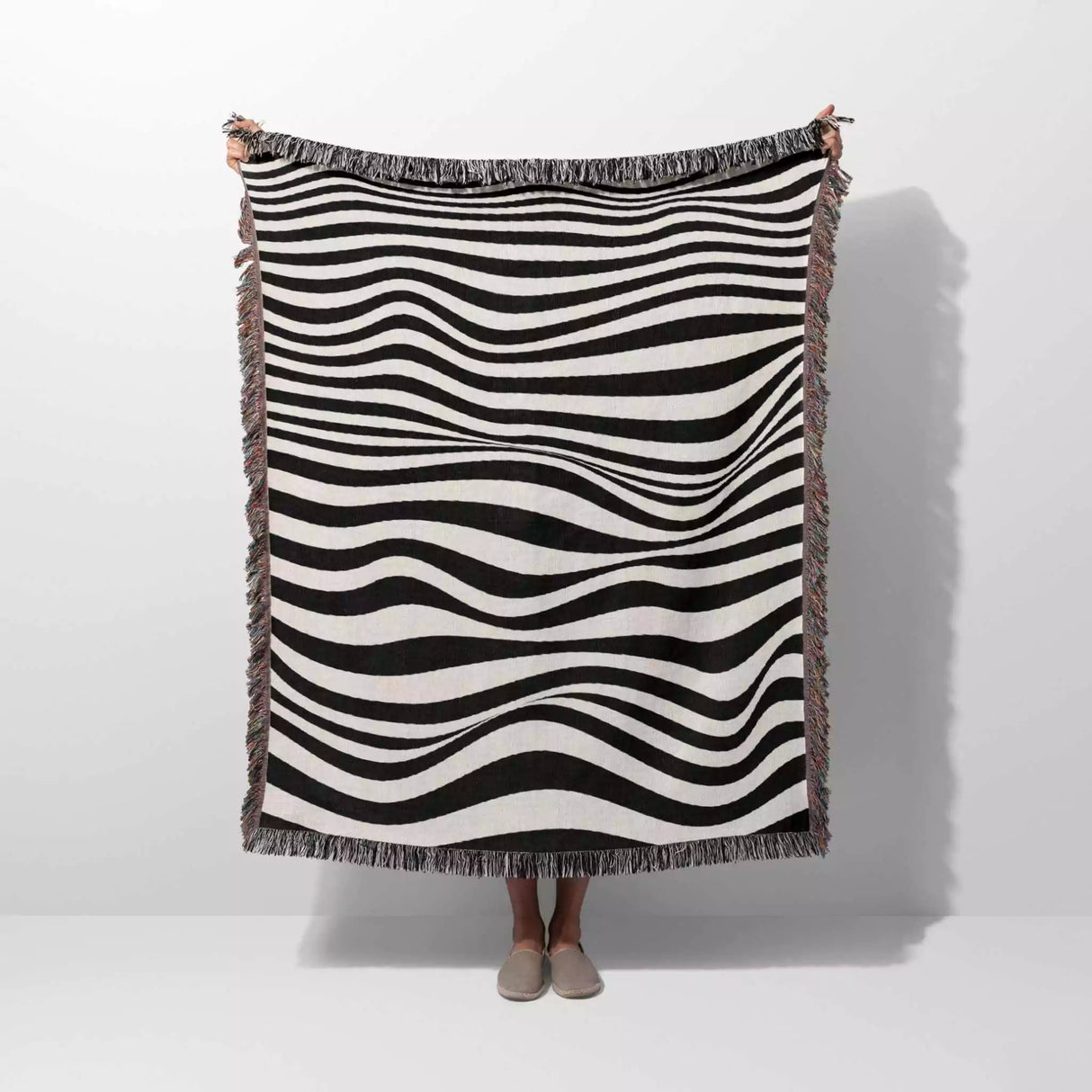 Abstract Art Waves Black and White Monochrome Woven Throw Blanket and Tapestry - DesignerOllie.com