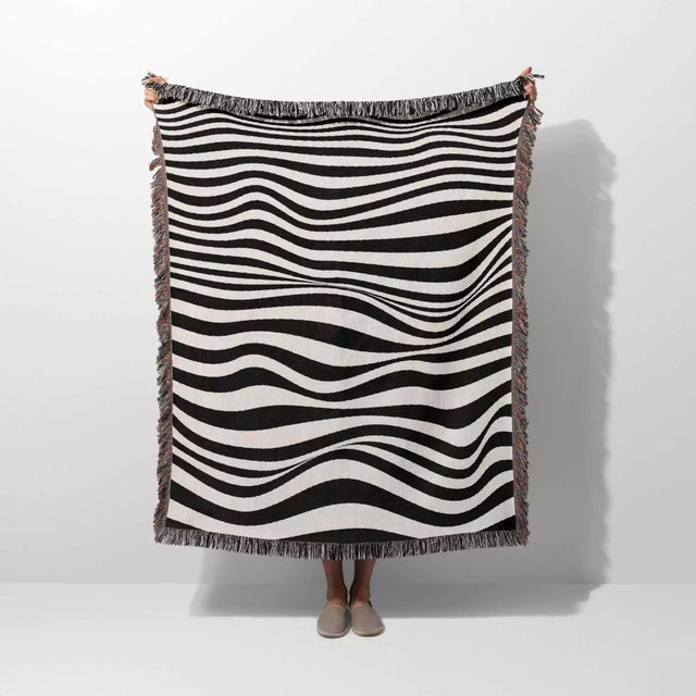 Abstract Art Waves Black and White Monochrome Woven Throw Blanket and Tapestry - DesignerOllie.com