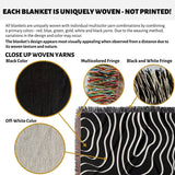 Close-up of woven yarns and black and white abstract art waves cotton woven blanket throw tapestry with text explaining uniqueness of weaving.