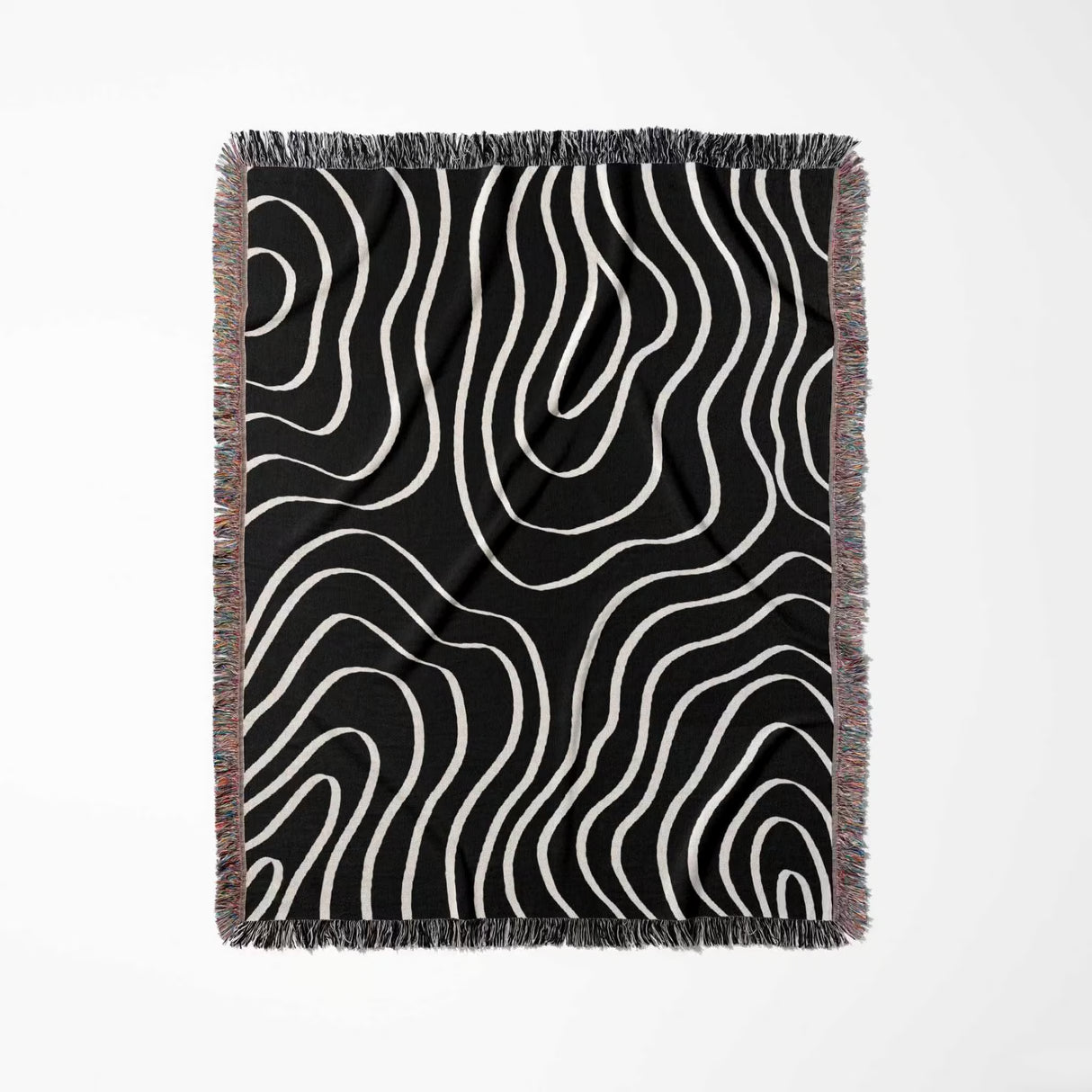 Black and white abstract art waves cotton woven blanket throw tapestry full view on a white background
