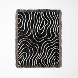 Black and white abstract art waves cotton woven blanket throw tapestry full view on a white background