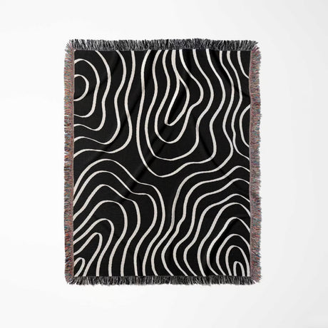 Black and white abstract art waves cotton woven blanket throw tapestry full view on a white background