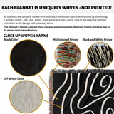 Product description of black and white abstract art waves decorative woven blanket throw with close-up details and color options.