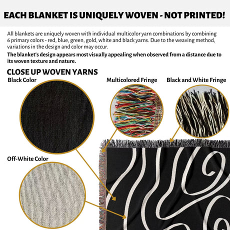 Product description of black and white abstract art waves decorative woven blanket throw with close-up details and color options.