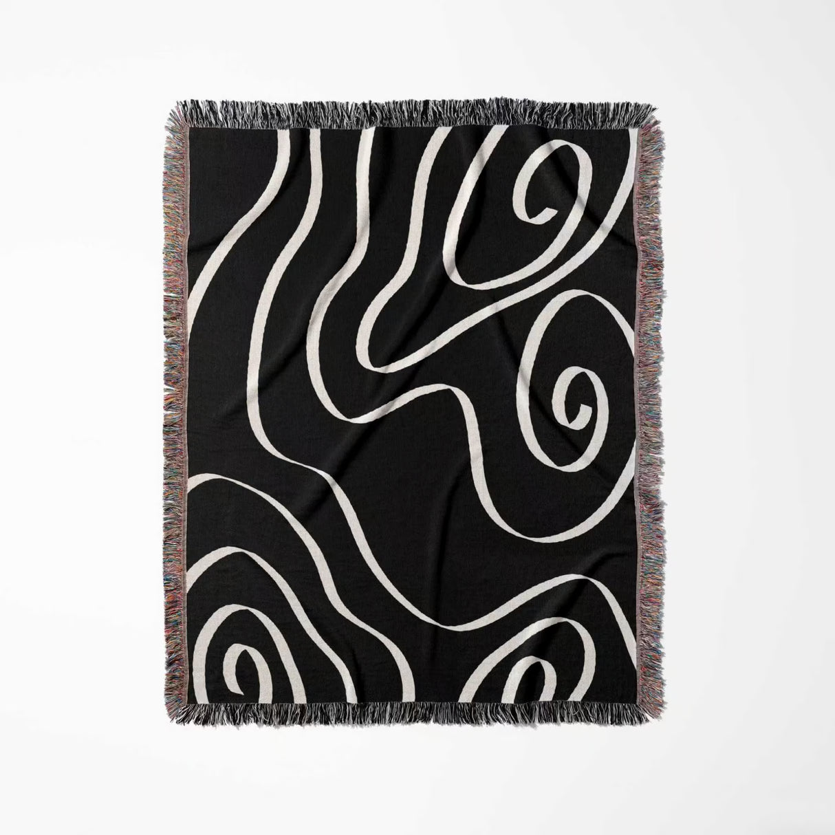 Black and white abstract art waves decorative woven blanket throw full view on a white background