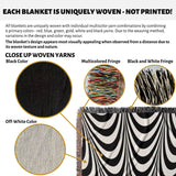 Text and images explaining black and white abstract art wavy woven blanket throw tapestry with unique yarn combinations and fringes.