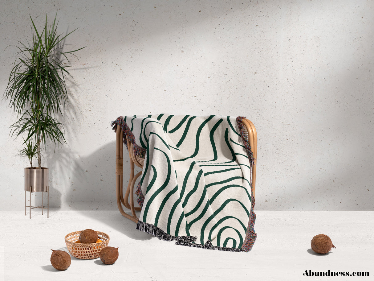 Abstract Lines Forest Green Woven Throw Blanket and Tapestry