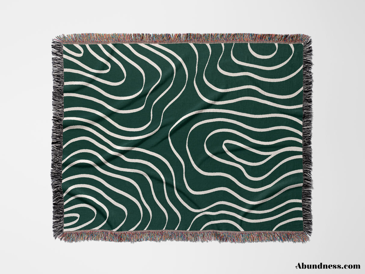 Abstract Lines Modern Art Forest Green Woven Throw Blanket and Tapestry