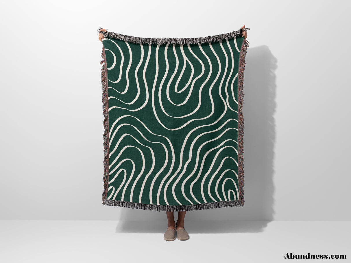 Abstract Lines Modern Art Forest Green Woven Throw Blanket and Tapestry