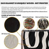 Close-up of woven yarns on a black and white abstract waves aesthetic woven blanket throw with text explaining uniqueness of weaving.
