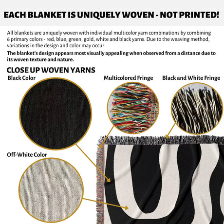 Close-up of woven yarns on a black and white abstract waves aesthetic woven blanket throw with text explaining uniqueness of weaving.