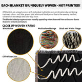 Product description of black and white accent decorative woven blanket throw tapestry with close-up details and color options.