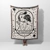 This image features a Zodiac Sign Blanket depicting the Aquarius astrological sign. The woven throw tapestry showcases a detailed black-and-white illustration of an Aquarius woman, complete with constellation and celestial motifs. Ideal for home decor, gifting, or cozy evenings, this blanket combines comfort with astrological charm.