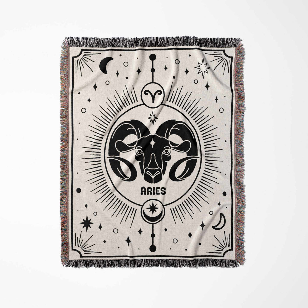 This vertical presentation of the Aries Zodiac Blanket reveals the full design with the Aries symbol prominently featured. The detailed woven technique and black and white color scheme enhance its aesthetic appeal, making it a perfect unique gift for both men and women.