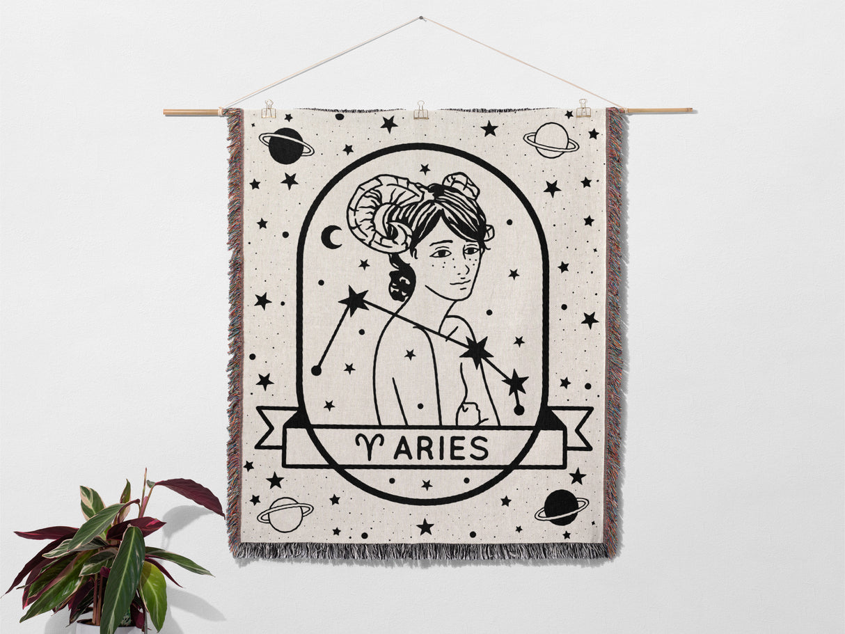 Aries Zodiac Sign Astrology Woman Woven Throw Blanket and Tapestry Blanket