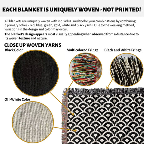 Close-up of woven yarns with multicolored and black/white fringes on a black and white asian geometric pattern woven blanket throw tapestry.