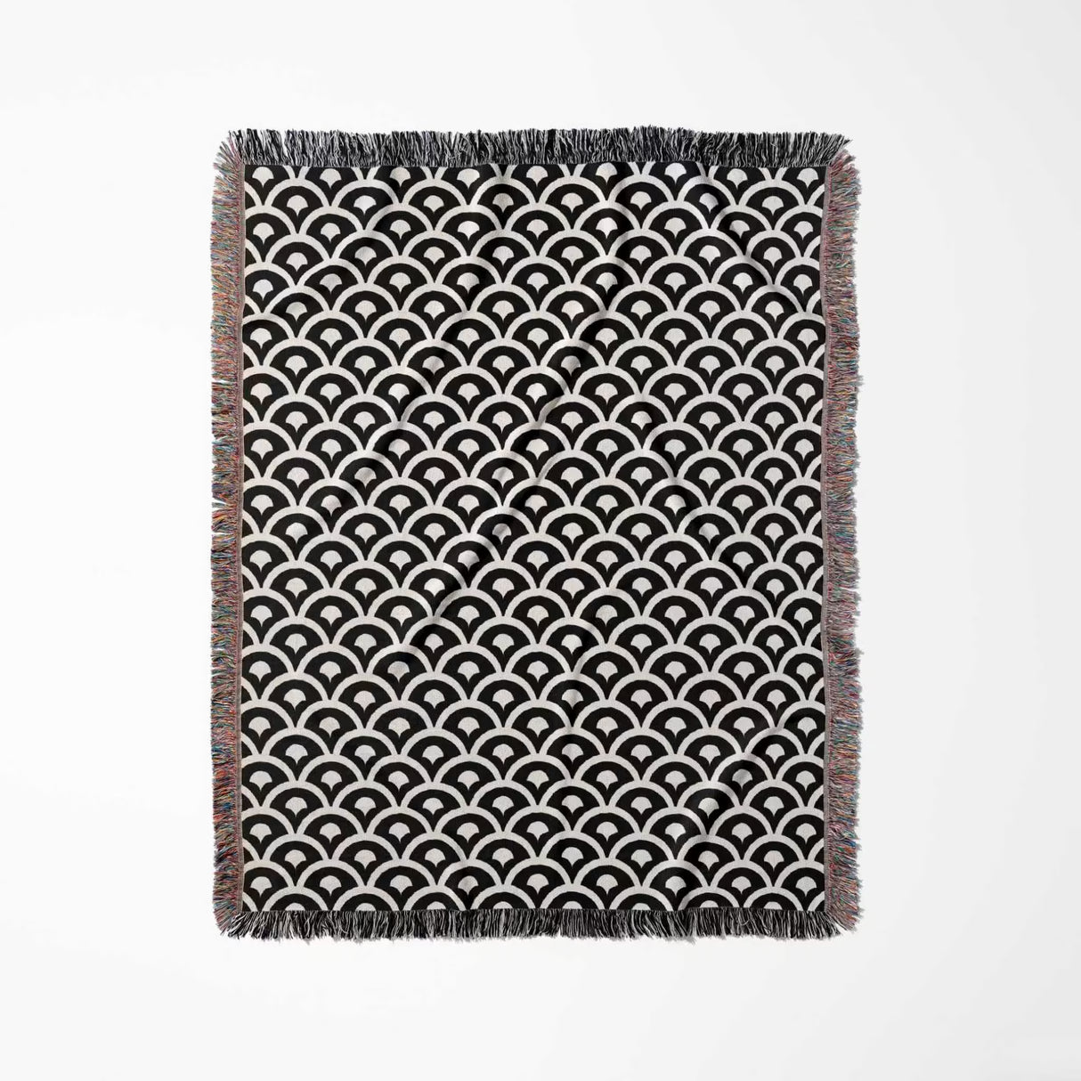 Black and white asian geometric pattern woven blanket throw tapestry full view on a white background