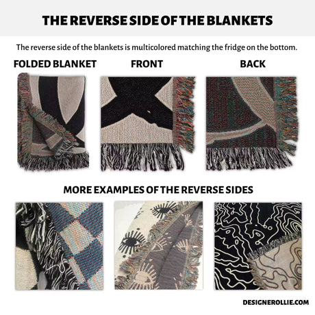 This image highlights the reverse side of the woven throw blankets, which features a multicolored design that matches the fringe at the edges. The backside provides a different visual experience, adding to the blanket’s charm and appeal as both a cozy wrap and a decorative piece.