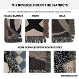 This image shows the reverse side of the blankets, highlighting the multicolored design that matches the fringe. Various examples of the reverse side are shown, emphasizing the intricate weaving and color combinations.