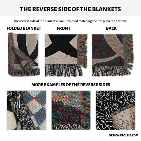 This image displays the reverse side of the Sagittarius Zodiac blanket, emphasizing the multicolored yarns that match the fringe. The reverse side features a contrasting pattern that is visually interesting and showcases the weaving technique.