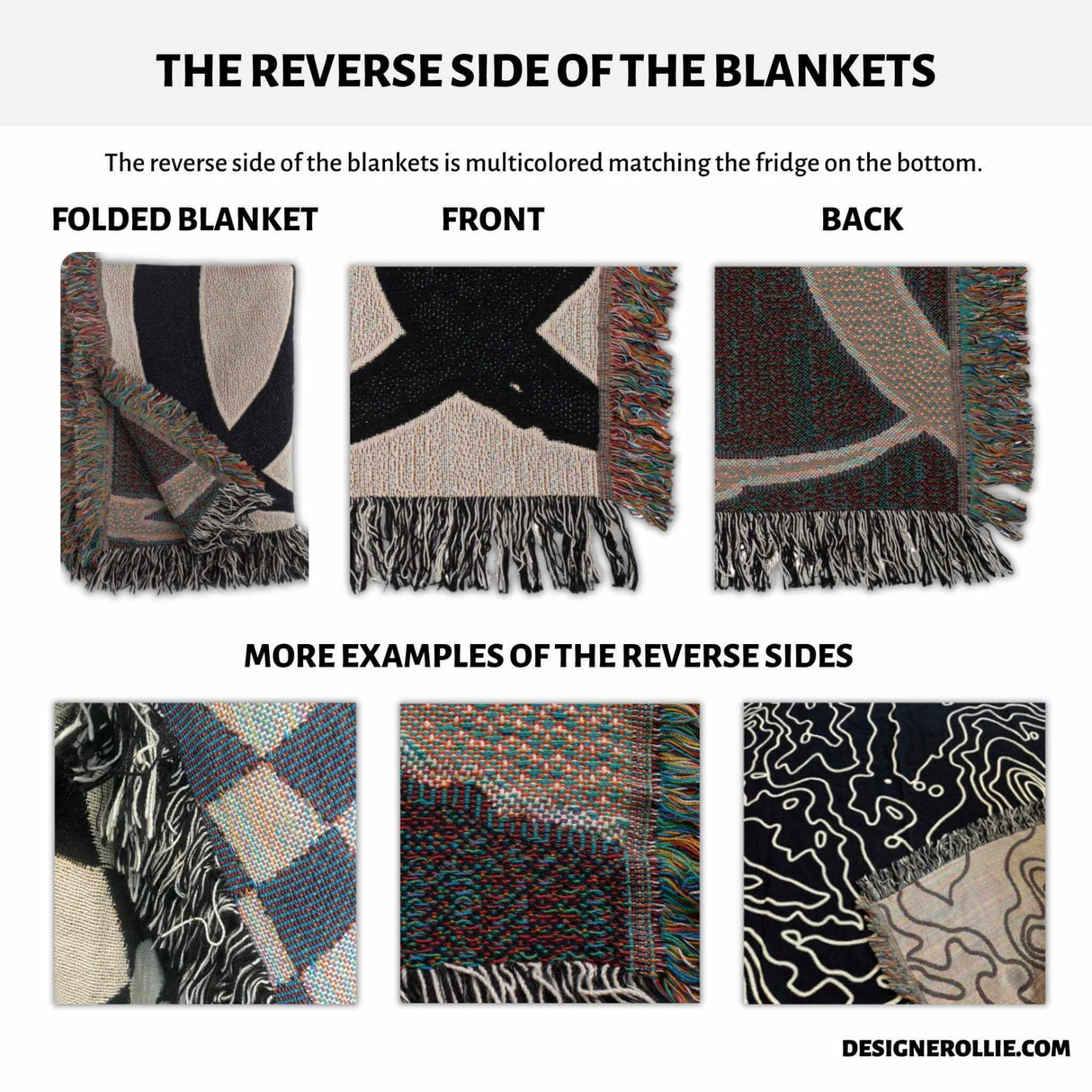 This image showcases the reverse side of the blanket, which features a multicolored pattern that complements the design on the front. The image includes multiple examples of the reverse sides of various blankets, emphasizing the quality and detail of the weaving.