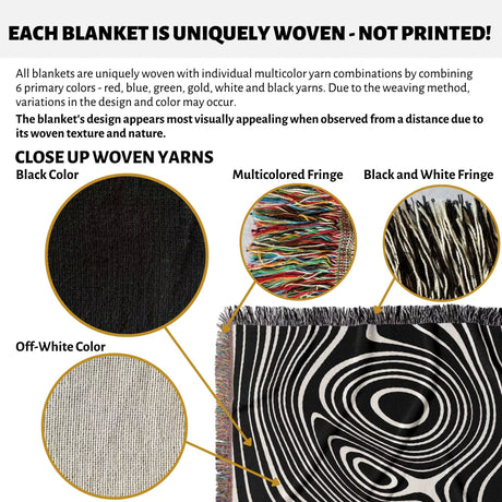 Close-up of woven yarns with multicolored and black/white fringes, and a black and white abstract woven throw blanket