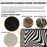 Product description of a black and white modern couch woven throw blanket with close-up images of woven yarns and fringes.