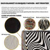 Product description of a black and white modern decorative woven throw blanket with close-up images of woven yarns and fringes.