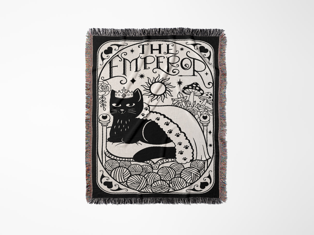 Black Cat Tarot Card The Emperor Black and White Woven Throw Blanket and Tapestry